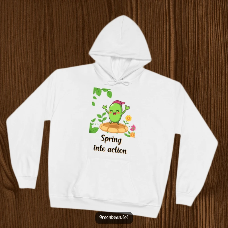 Funny green bean hoodie showcasing a happy character bouncing with excitement in a garden, perfect for cozy, humorous wear.