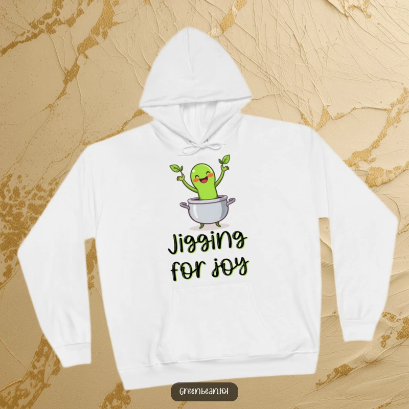 Funny hoodie design of a happy green bean character energetically doing a lively jig while comfortably situated inside a cooking pot.
