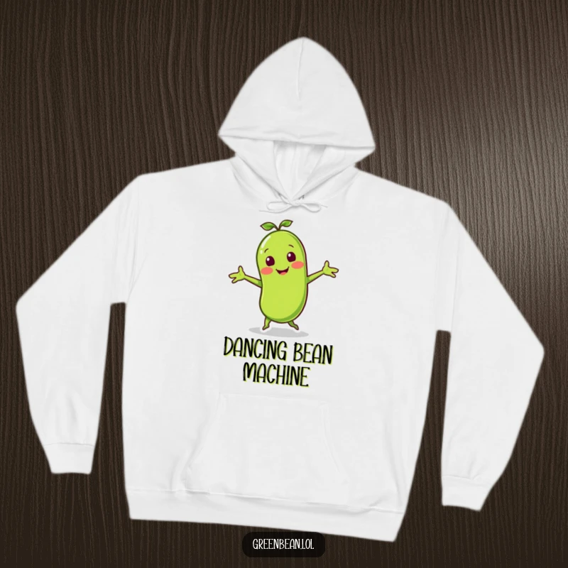 Funny hoodie with a smiling green bean character doing a lively jig with little arms outstretched, perfect for casual comfort.