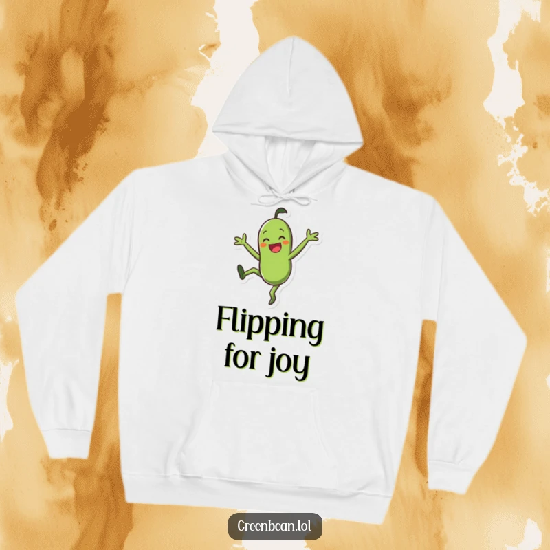 Funny Hoodie: Smiling green bean character doing a joyful cartwheel, a warm and humorous gift for energetic individuals.