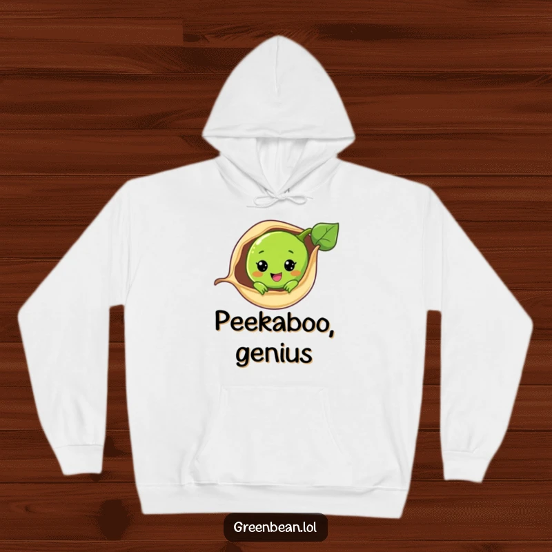 Funny hoodie featuring a smiling green bean peeking shyly from its pod, offering cozy comfort and cute appeal.