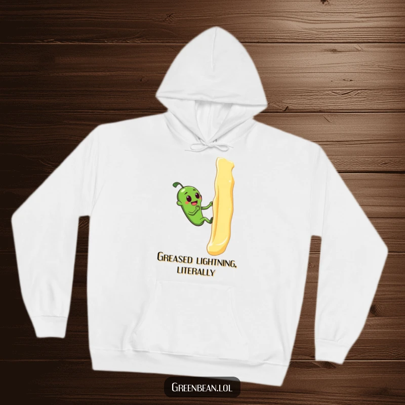Funny hoodie illustrating a determined green bean slipping on a butter wall, a humorous take on trying your best.
