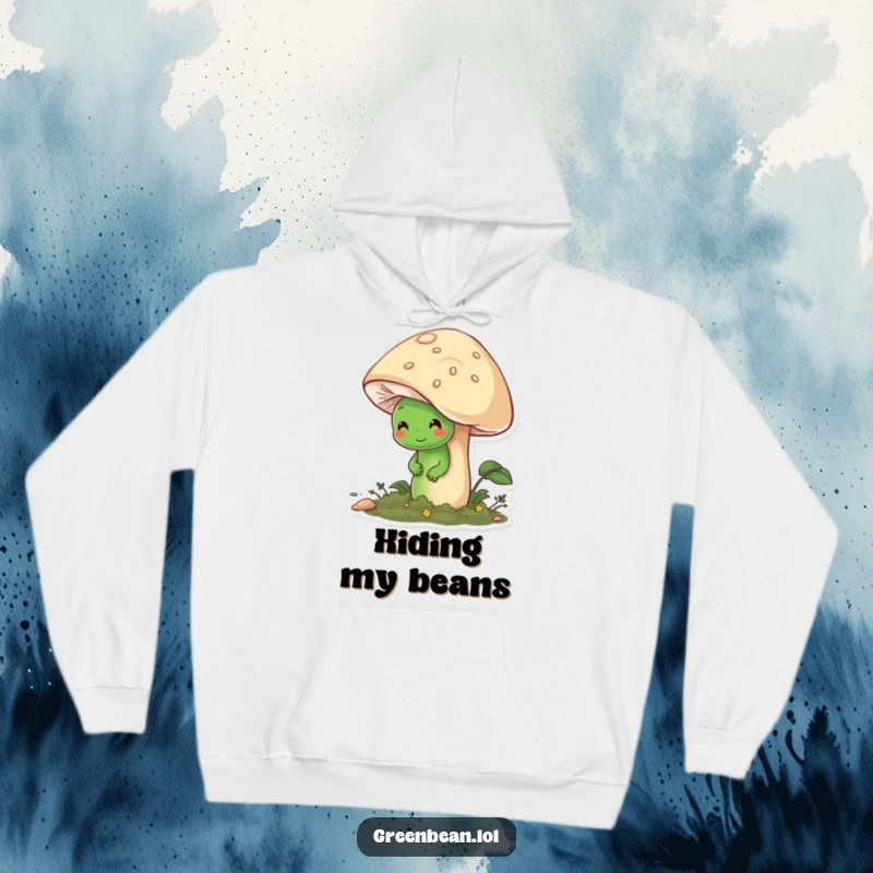 Funny hoodie depicting a shy green bean character partially hidden behind a large, friendly mushroom, embodying gentle shyness.