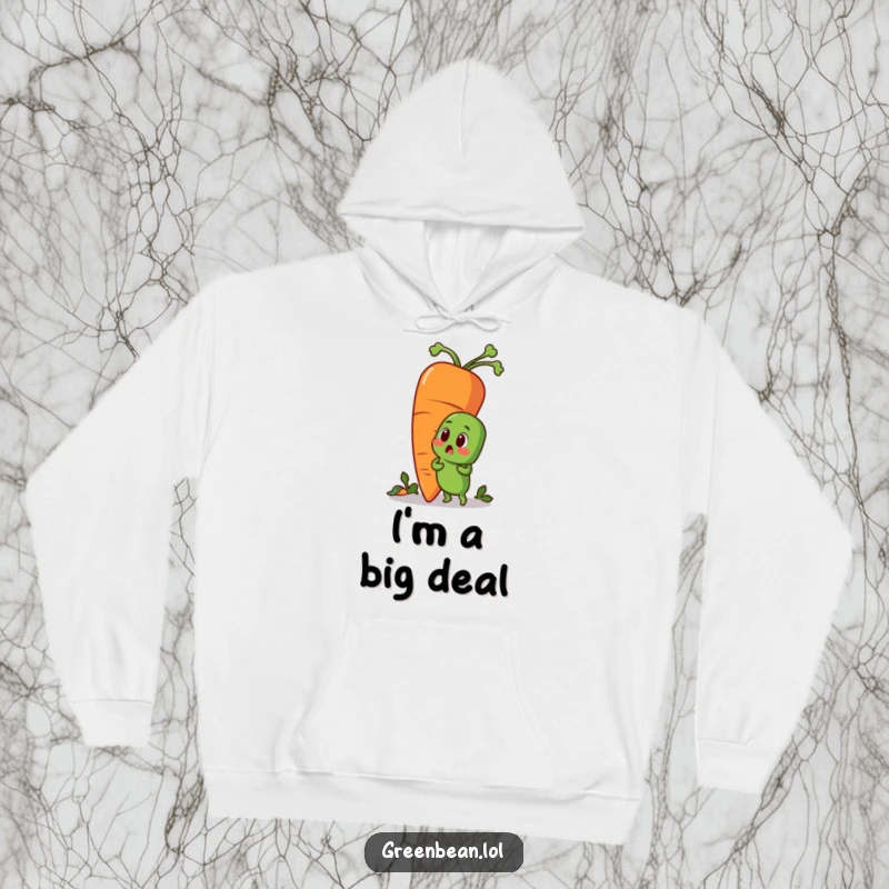 Funny hoodie showing a surprised green bean character looking up at a giant, friendly carrot. Comfortable and humorous vegetable design.