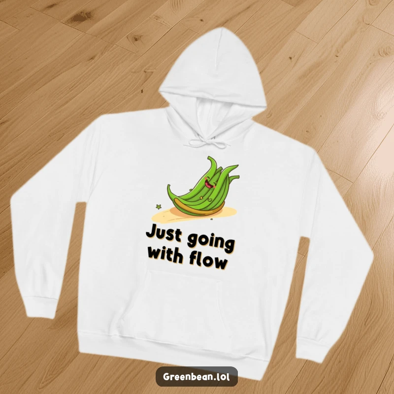 Funny hoodie depicting a cheerful bundle of green beans giggling as they roll down a slope, radiating happiness. An ideal funny gift.