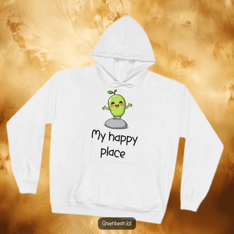 Funny hoodie featuring a green bean character happily bouncing on a pebble, offering cozy comfort and cheerful vibes.
