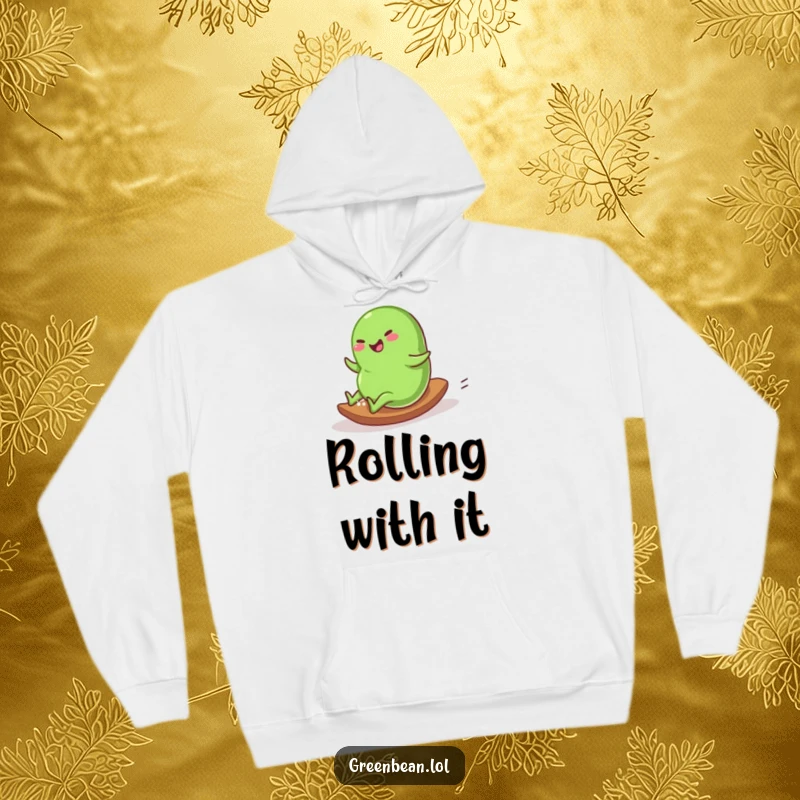 Funny Hoodie depicting a plump green bean character rolling down a gentle slope with complete and utter glee.