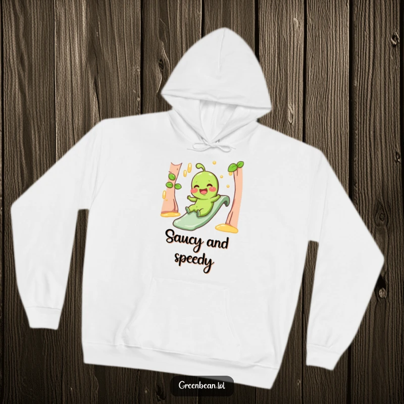 Funny Hoodie with a giggling green bean character sliding down a gravy slide, perfect for cozying up.