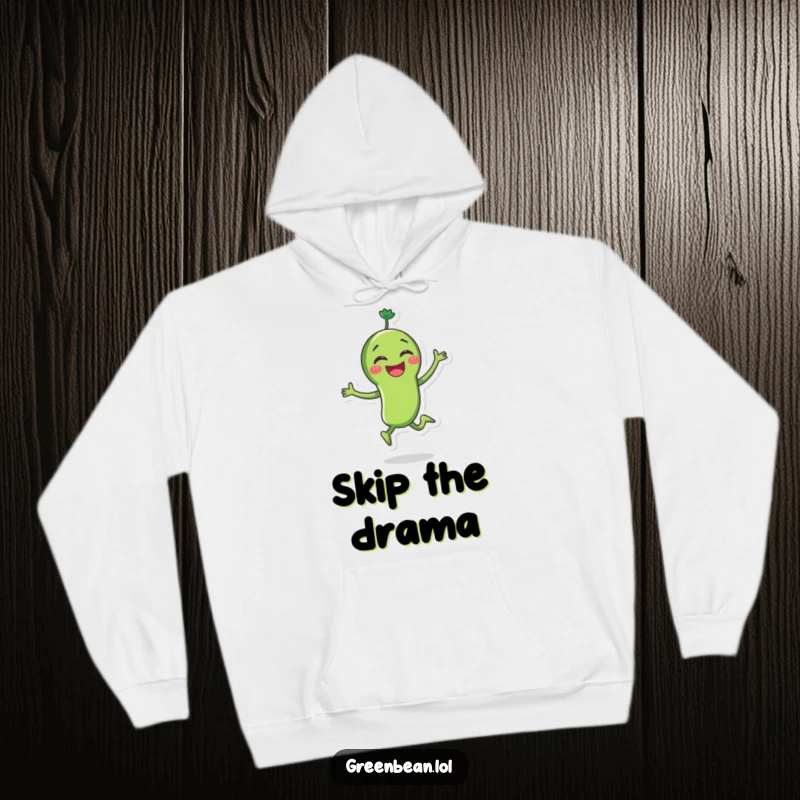 Funny green bean hoodie featuring a joyous character skipping with glee, offering warmth and an abundance of cheerful veggie vibes. Soft and cozy.