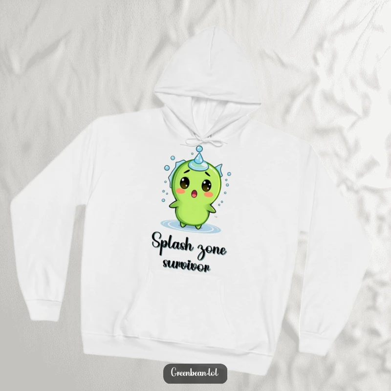 Funny hoodie featuring a surprised green bean character getting splashed, offering warmth and humorous protection from unexpected events.