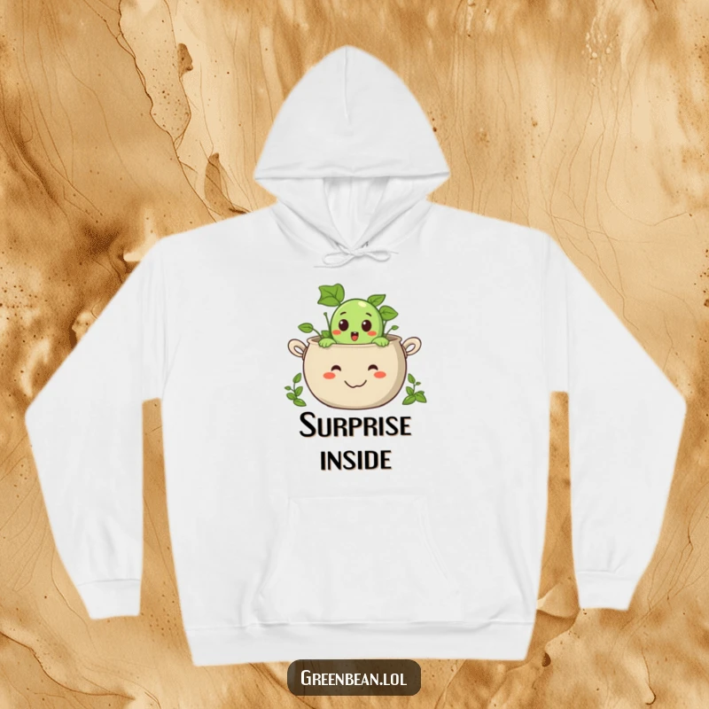 Funny hoodie featuring a surprised green bean character peeking out from a giant, smiling pot, comfortable and cute.