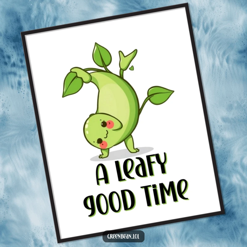 Funny Free Printable Wall Art: A green bean character mid-somersault with leaves swirling, radiating pure, unadulterated fun.