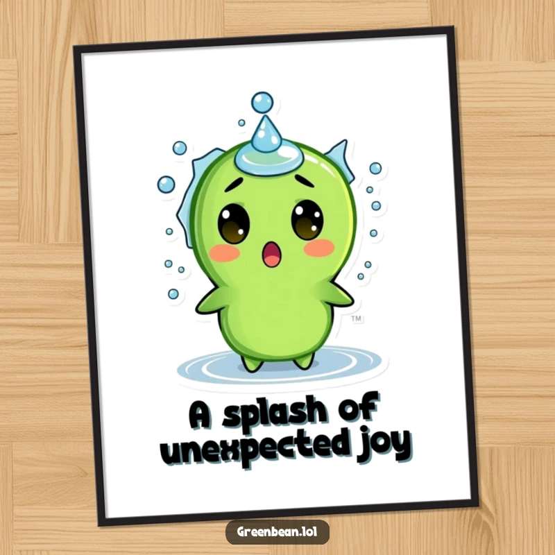 Funny Free Printable Wall Art: Goofy green bean with huge eyes startled by a flying water droplet.