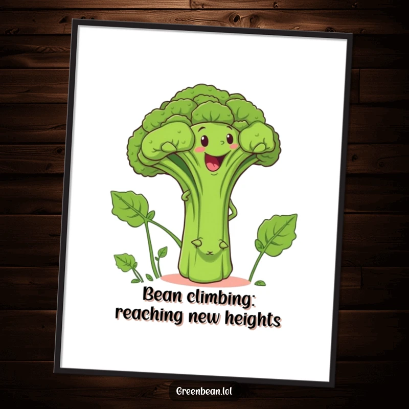 Funny Free Printable Wall Art: Determined green bean climbing a huge, smiling broccoli stalk, a humorous and quirky decor piece.