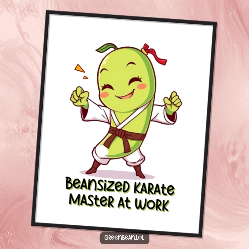 Funny Free Printable Wall Art: A smiling green bean performing a dramatic karate chop, exuding quirky energy and martial arts flair for your decor.