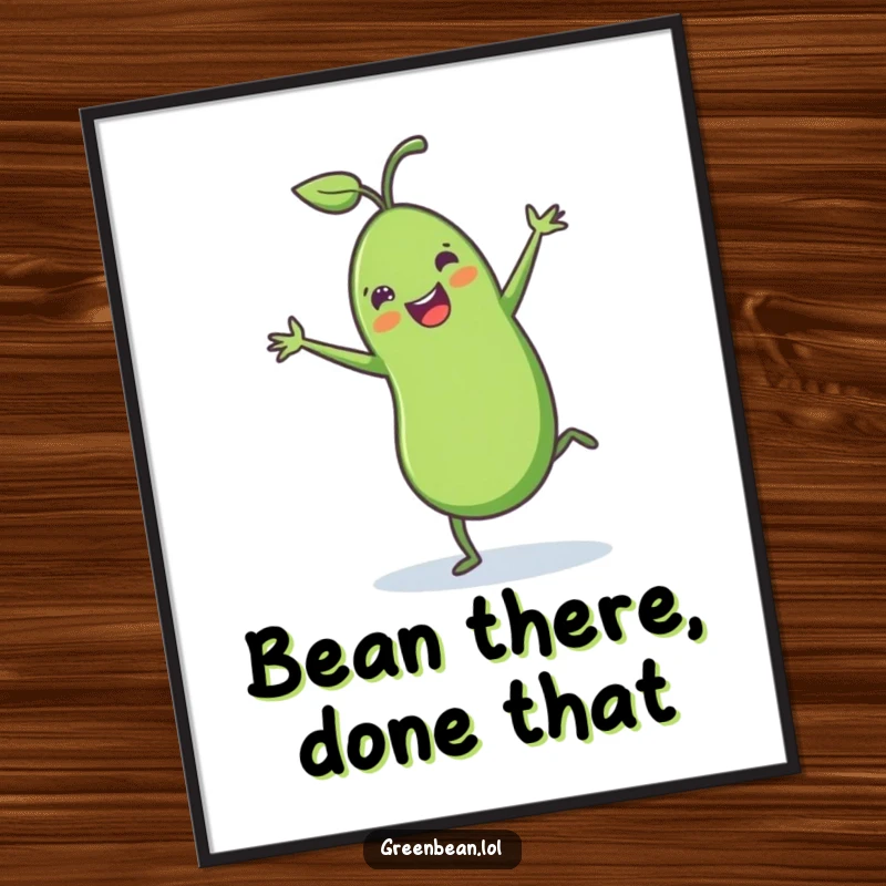 Funny Free Printable Wall Art: A vibrant green bean with adorable tiny legs doing a spirited cartwheel.