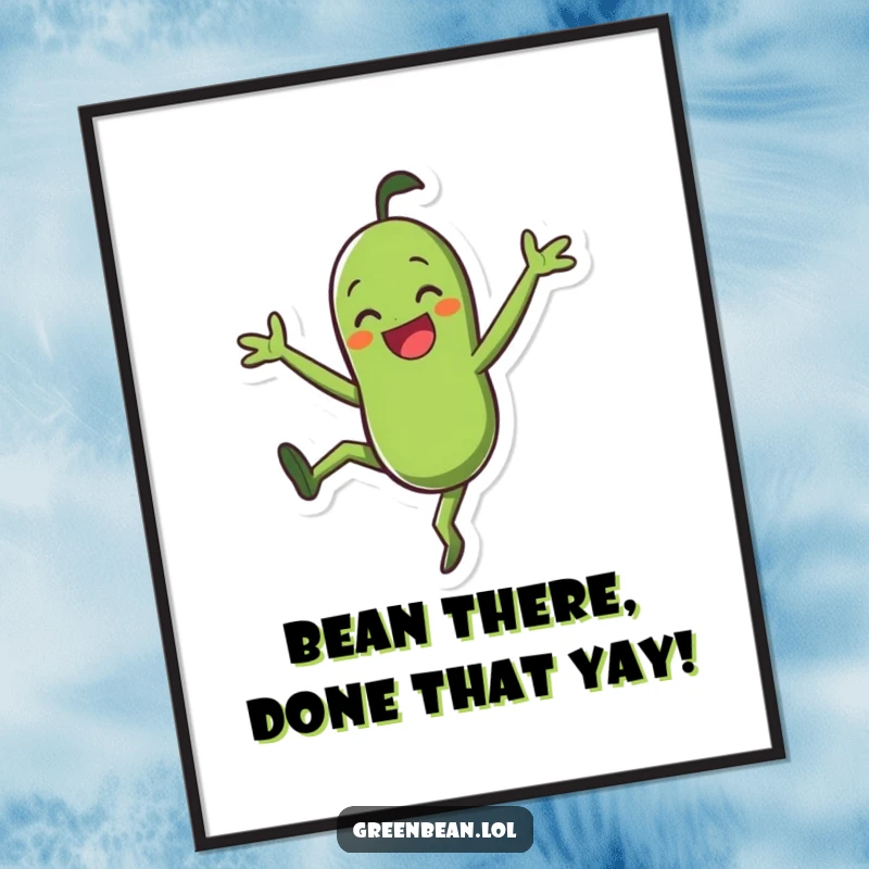 Funny Free Printable Wall Art: Smiling green bean character doing a joyful cartwheel, bringing playful energy and humor.