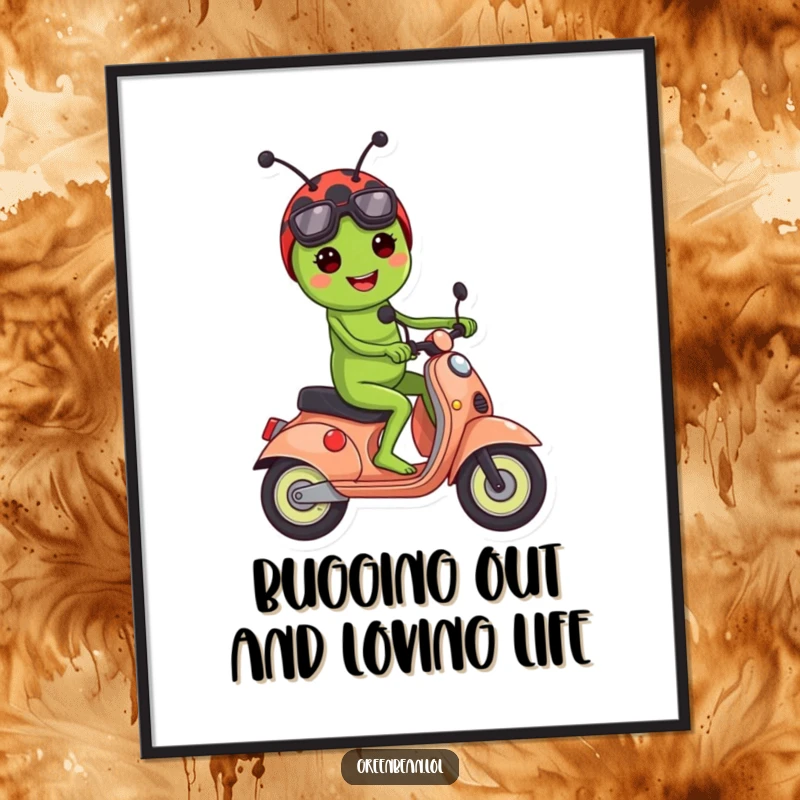 Funny Free Printable Wall Art: A happy green bean character confidently riding a ladybug like a scooter, creating a sense of joyful movement.