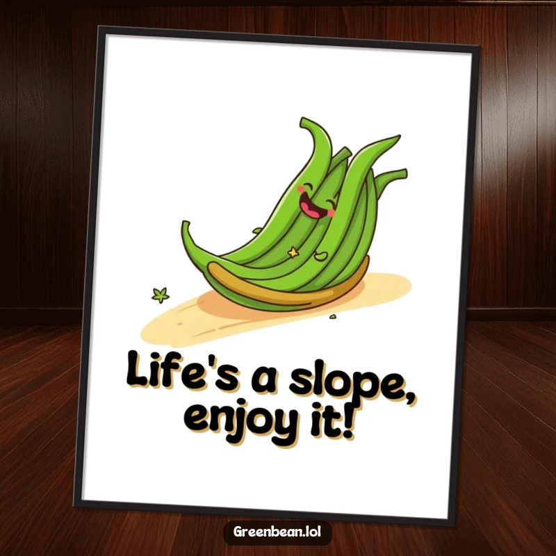 Funny Free Printable Wall Art: Bundle of Green Beans Giggling and Rolling Down a Slope, Cheerful and Whimsical Scene