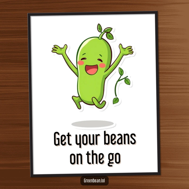 Funny Free Printable Wall Art: Happy green bean performing a lively jumping jack with a vine accomplice, promoting active fun.