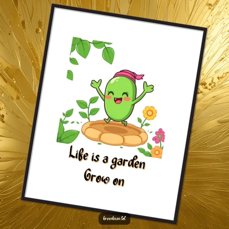 Funny Free Printable Wall Art: A cheerful green bean character energetically bouncing with excitement in a colorful garden bed.