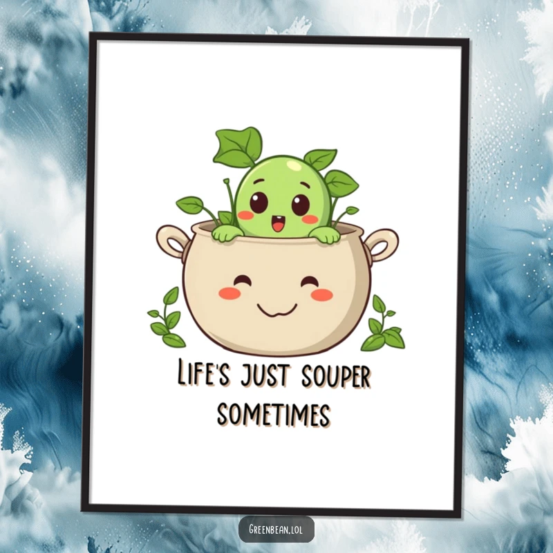 Funny Free Printable Wall Art: Surprised green bean character peeking from a giant smiling pot, adding whimsical charm.