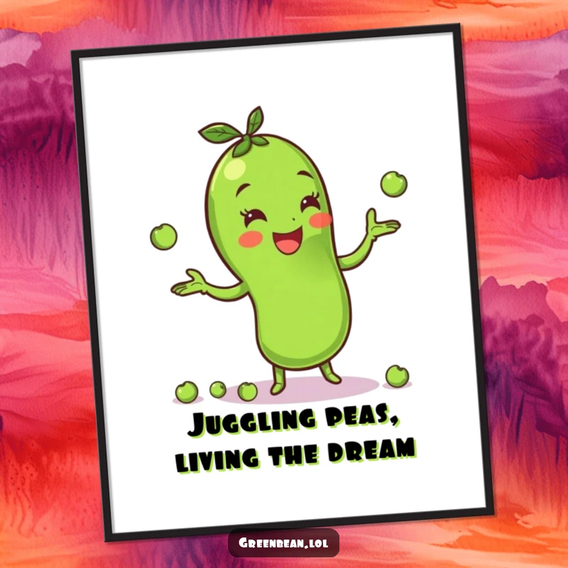 Funny Free Printable Wall Art: A cheerful green bean character masterfully juggling small peas, creating a whimsical and amusing visual for your decor.