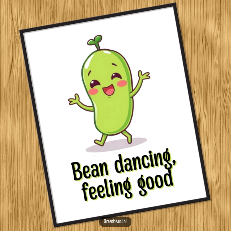 Funny Free Printable Wall Art: A Happy Green Bean Character in Mid-Dance Celebration