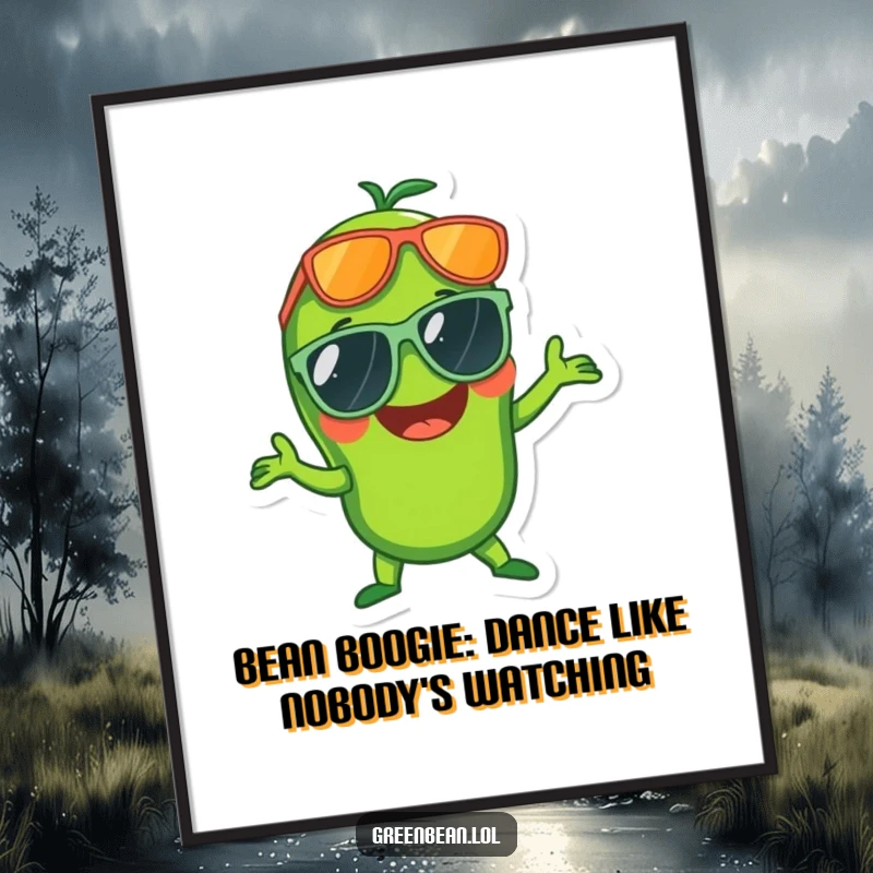 Funny Free Printable Wall Art: Green bean laughing, wearing oversized sunglasses, striking a disco pose, vibrant and cool decor.