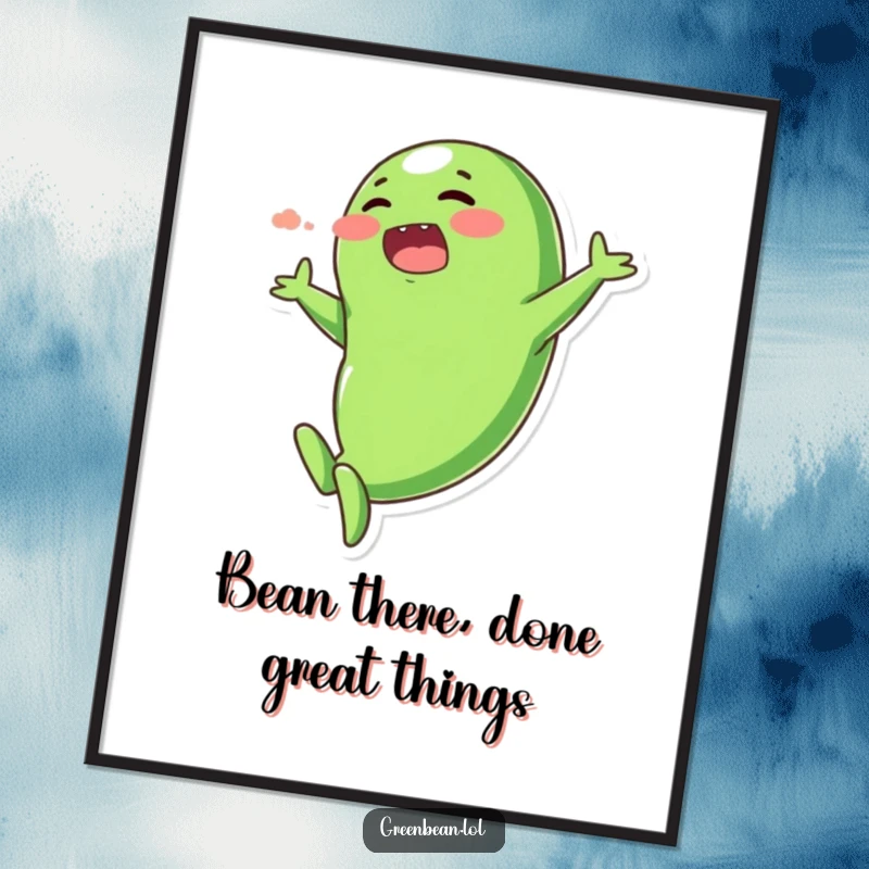 Funny Free Printable Wall Art: A plump green bean character in a dramatic, exaggerated dive pose, ready for framing.