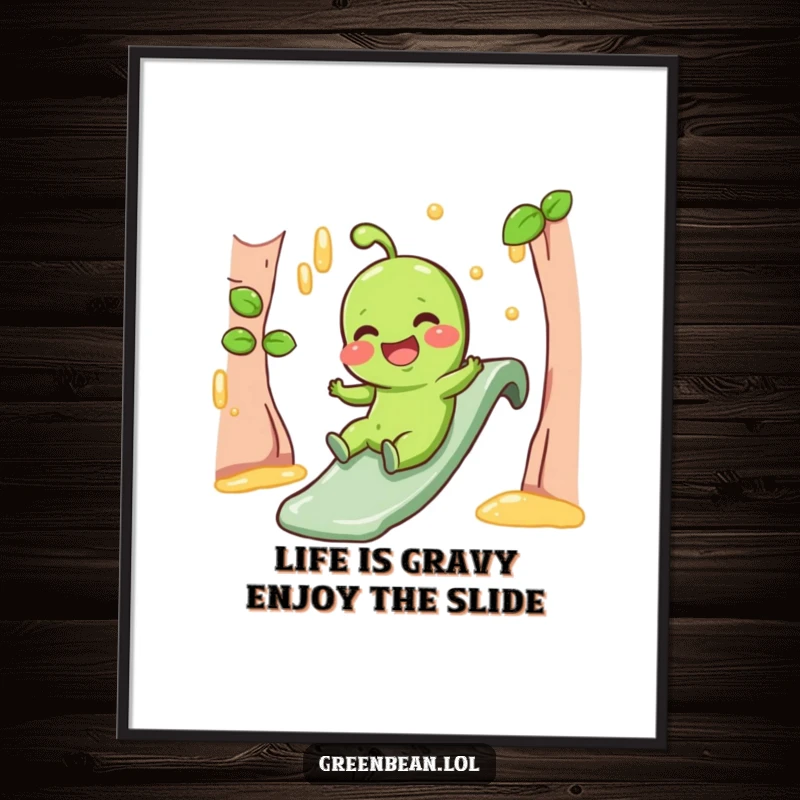 Funny free printable wall art of a giggling green bean character joyfully sliding down a gravy slide, bringing humor to any room.
