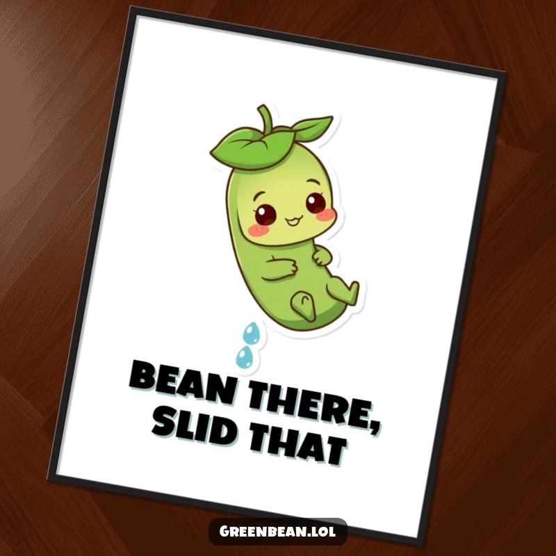 Funny Free Printable Wall Art: Playful Green Bean Character Sliding Down a Large Dewdrop