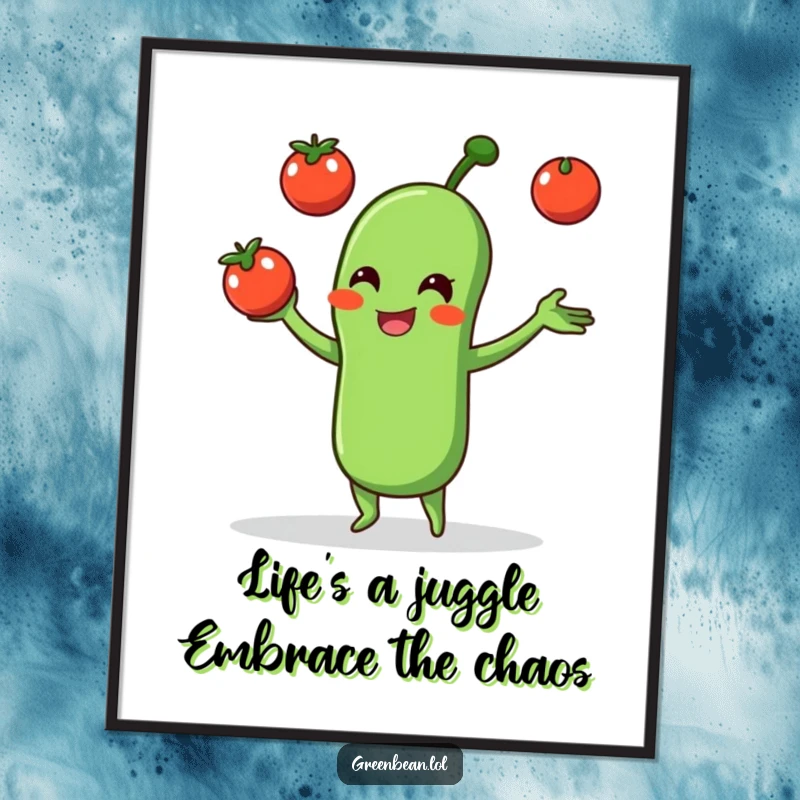 Funny Free Printable Wall Art: A joyful green bean character masterfully juggling three small red tomatoes, adding whimsy to any room.