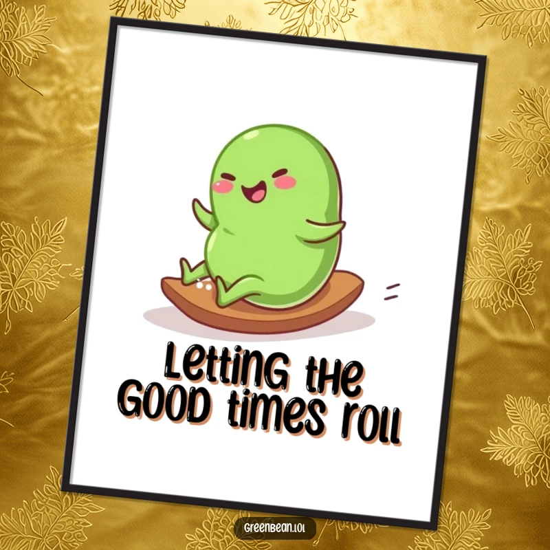 Funny Free Printable Wall Art: Plump green bean character rolling down a gentle slope with pure glee, creating a dynamic and joyful image.