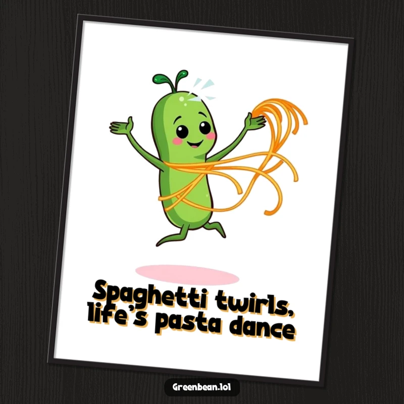 Funny Free Printable Wall Art: Green bean character dancing with a spaghetti strand like a ribbon dancer, fun downloadable art.