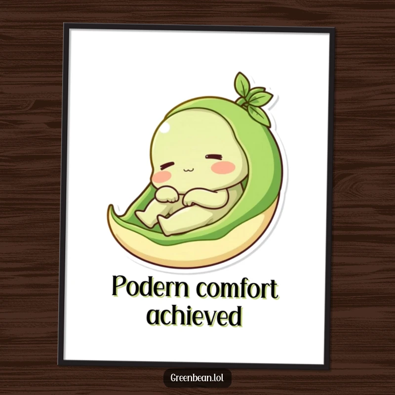 Funny Free Printable Wall Art: A content green bean character relaxing snugly in its pod, humorous and cozy downloadable art.