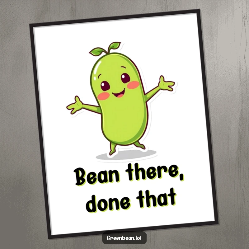 Funny Free Printable Wall Art: A smiling green bean character performing a lively jig with little arms outstretched, bringing joy.