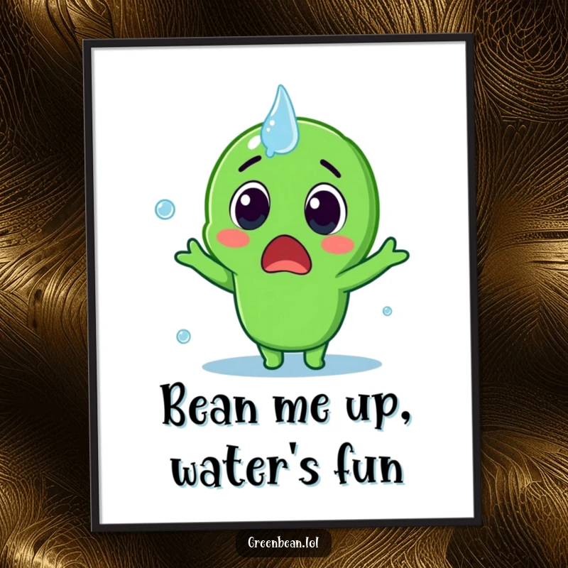 Funny Free Printable Wall Art of a surprised green bean character being playfully splashed by a single, large water droplet.