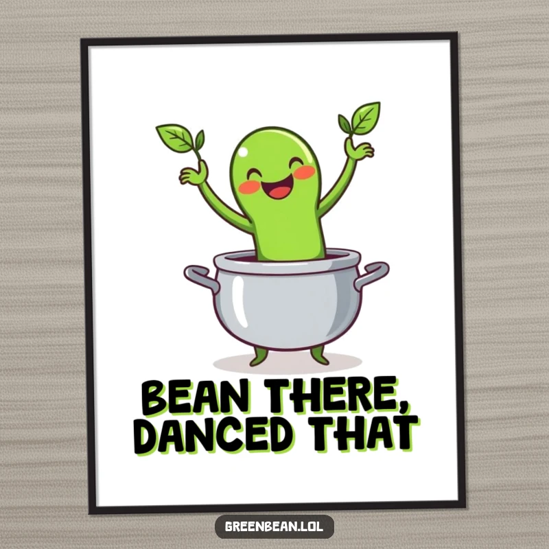 Funny Free Printable Wall Art: Happy green bean character performing a lively jig inside a pot, fun downloadable decor.