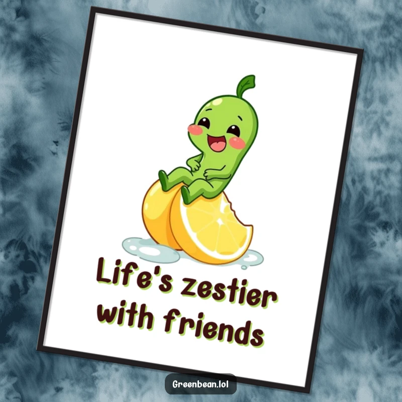 Funny Free Printable Wall Art: A giggling green bean character comically slides down a bright yellow, slippery lemon wedge.