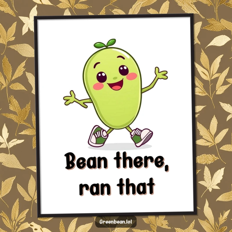 Funny Free Printable Wall Art: A smiling green bean character with tiny running shoes, captured in a dynamic mid-stride running pose.