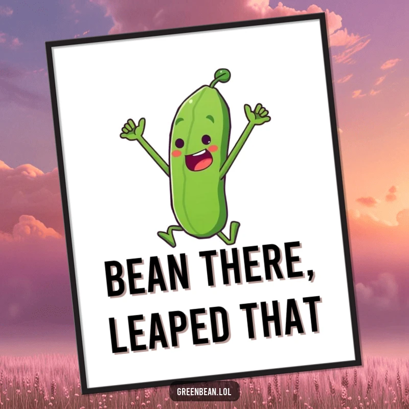 Funny Free Printable Wall Art of a determined green bean character executing a powerful and triumphant leap.