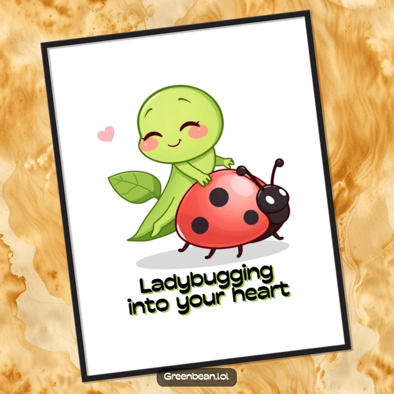 Funny Free Printable Wall Art: A green bean winks playfully, riding a ladybug in a whimsical, humorous depiction.