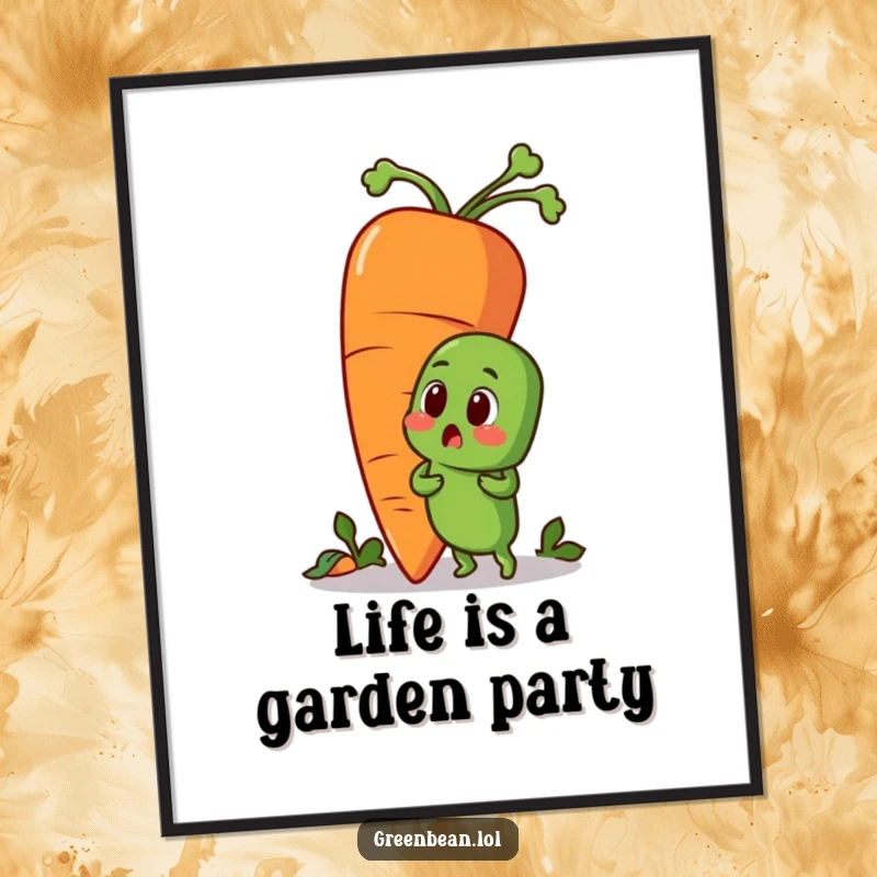 Funny Free Printable Wall Art: A comical green bean is stunned by the immense size of its friendly carrot companion.