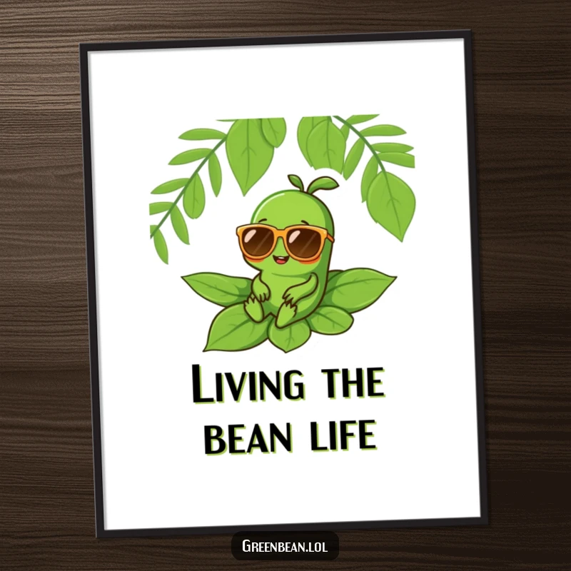 Funny Free Printable Wall Art featuring a cheerful green bean character sporting oversized sunglasses and relaxing on a large leaf, exuding ultimate coolness.