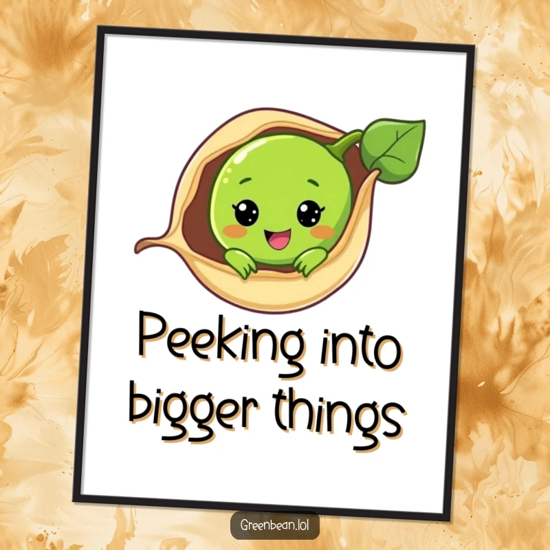 Funny Free Printable Wall Art: A kawaii green bean smiles, peeking from its pod, bringing cheerful energy to decor.