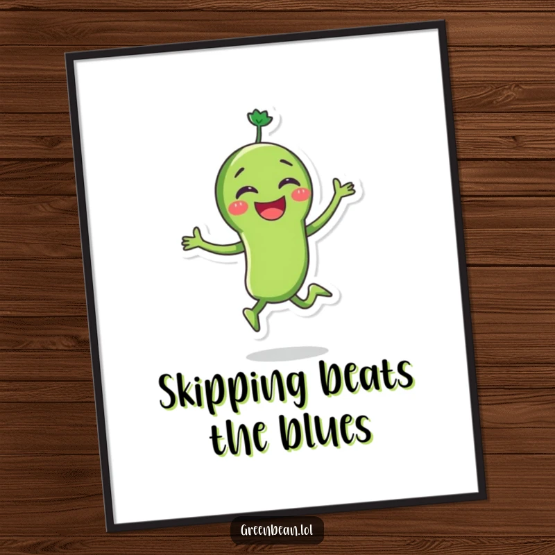 Funny Free Printable Wall Art: A joyous green bean character in mid-skip, arms flailing with glee, adding a splash of energetic humor to your decor.