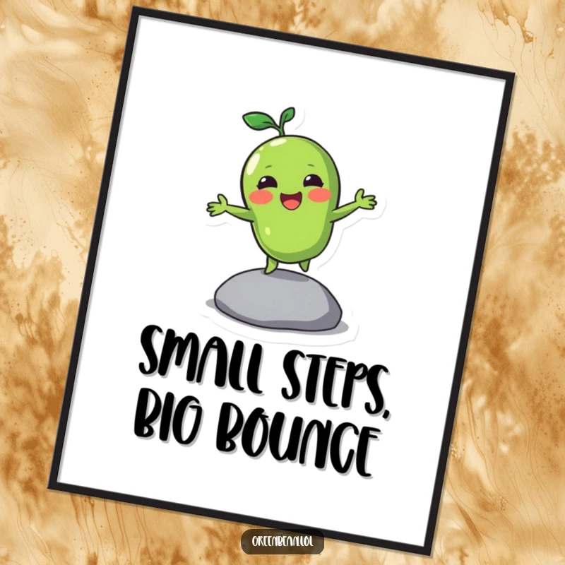 Funny Free Printable Wall Art: A green bean character joyfully bounces on a pebble, creating a dynamic and happy scene.