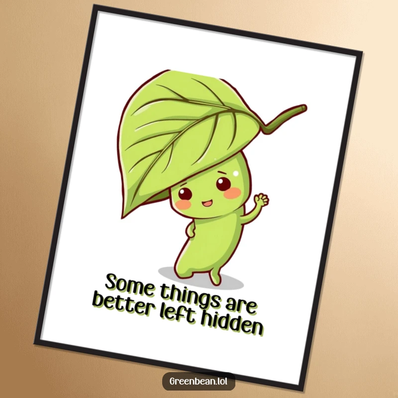 Funny Free Printable Wall Art: A green bean character mischievously playing hide-and-seek, peeking from behind a large, detailed leaf.