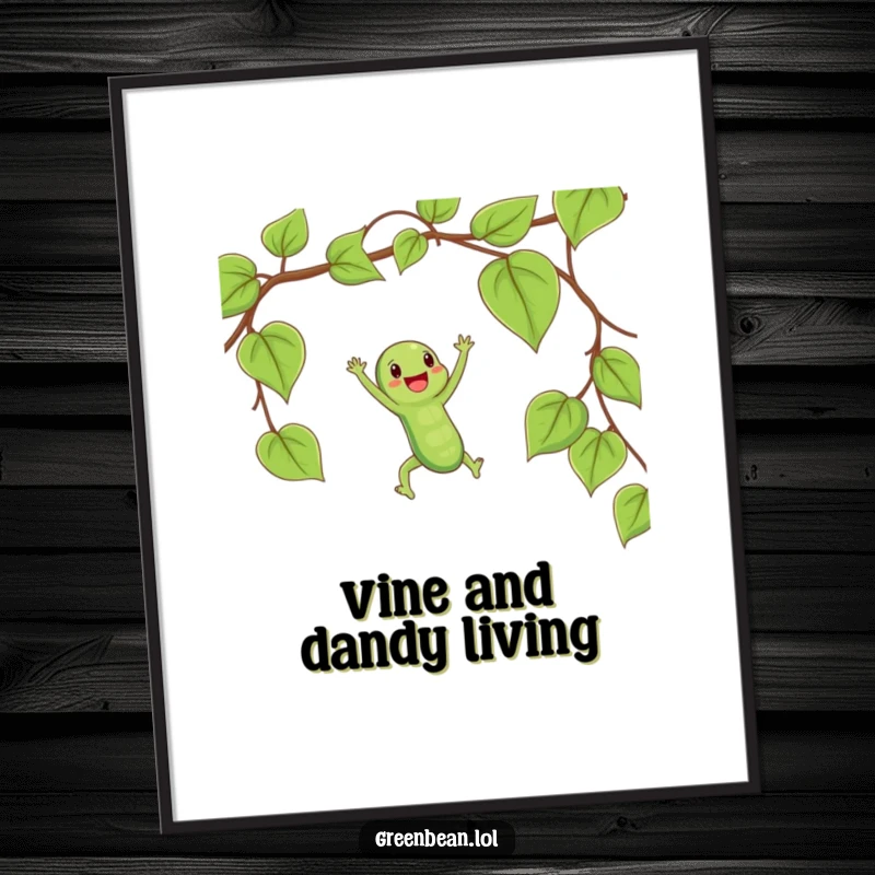 Funny free printable wall art: Happy string bean playfully swinging on a vine, vibrant and whimsical decorative art.